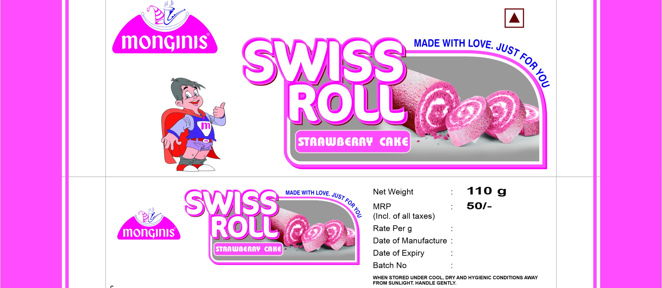 Strawberry Swiss Roll Cake(110g)(45pcs/box)(MRP ₹50/Pcs.)