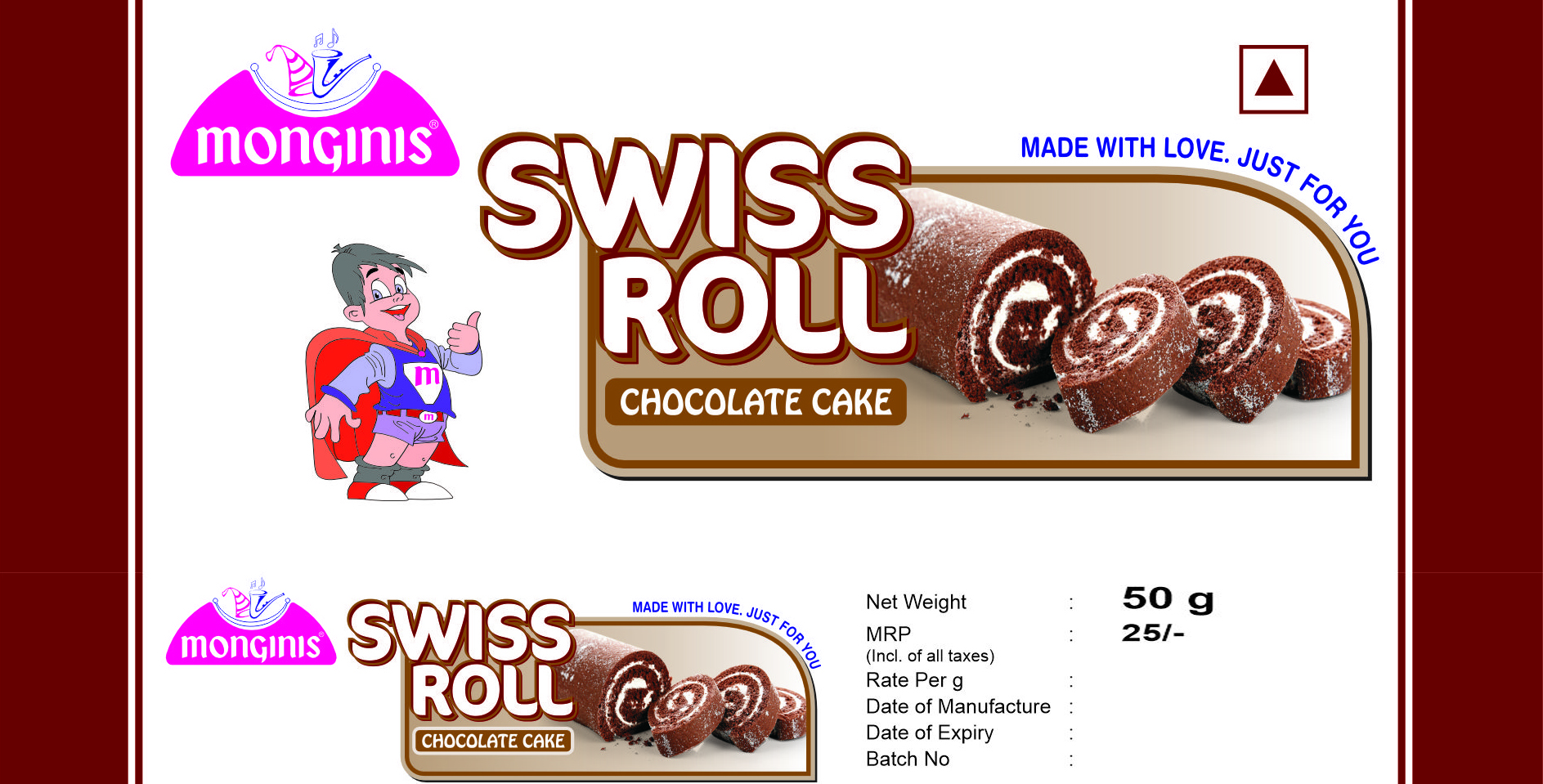 Chocolate Swiss Roll Cake(50g)(45pcs/box)(MRP ₹25/Pcs.)