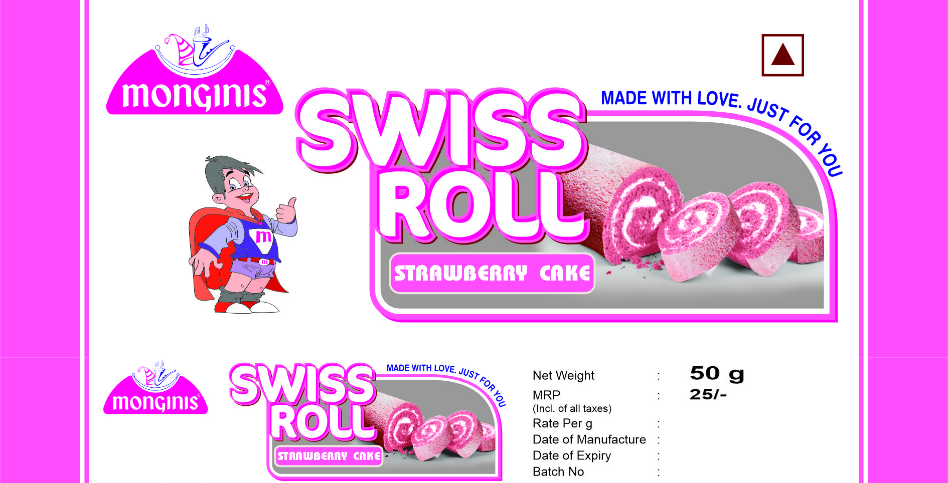 Strawberry Swiss Roll Cake(50g)(45pcs/box)(MRP ₹25/Pcs.)